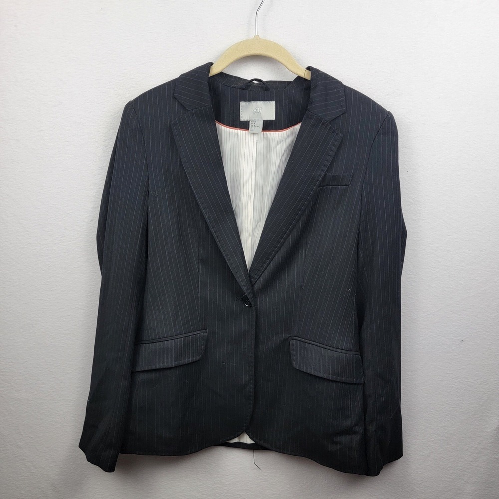 H&M Womens Black Pinstripe Blazer Coat One Button US Size 8